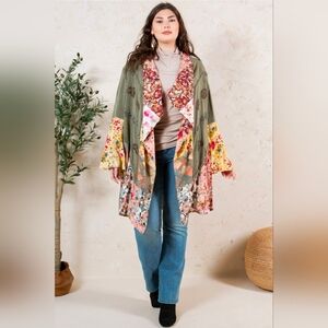 NEW!!Young Threads Boho Patchwork Open-Front Cardigan Olive & Floral, Sz 1X, NWT